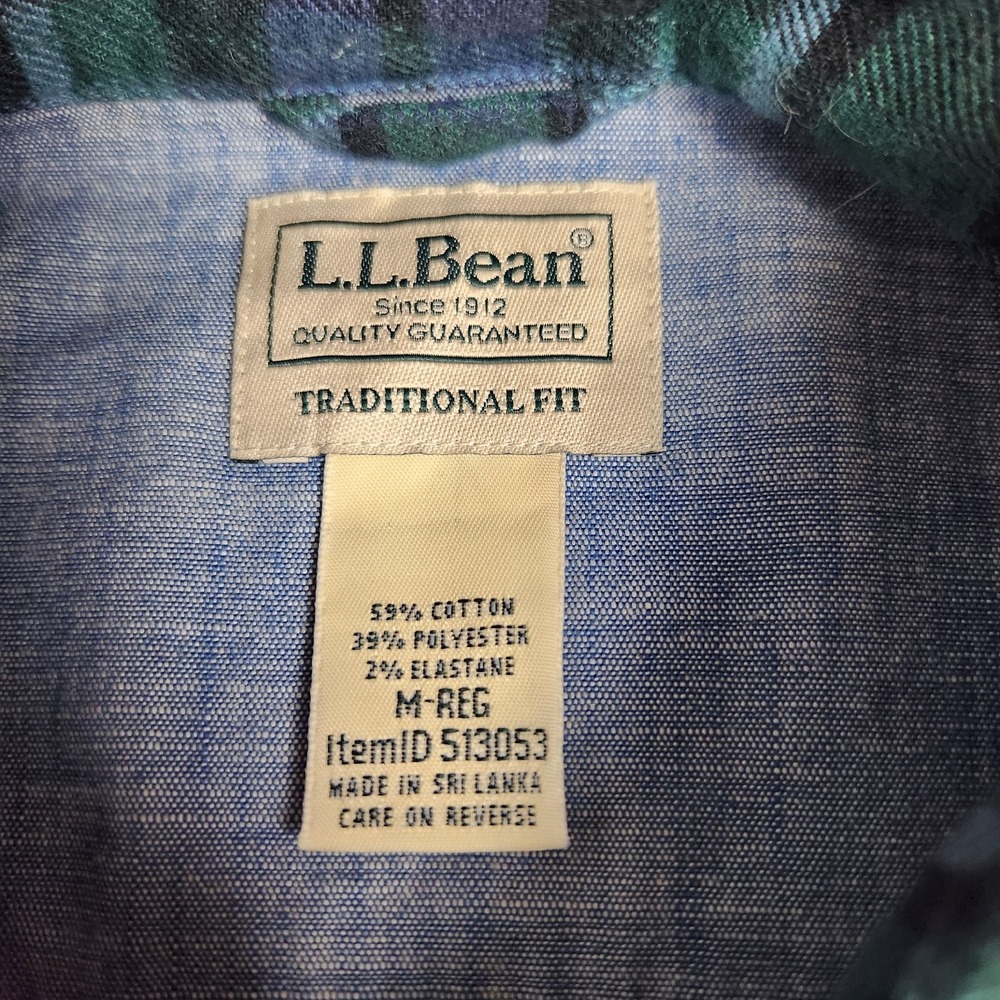 L.L. Bean Flannel Shirt BeanFlex Men M Reg Green Blue Scotch Plaid Button Up - Picture 3 of 6